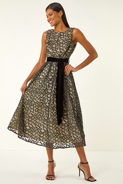 Roman Black Lace Overlay Bow Detail Midi Dress
