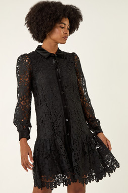 Roman Black Premium Velvet Trim Shirt Dress