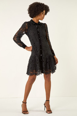 Roman Black Premium Velvet Trim Shirt Dress