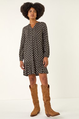 Roman Black Geo Print Pintuck Smock Dress