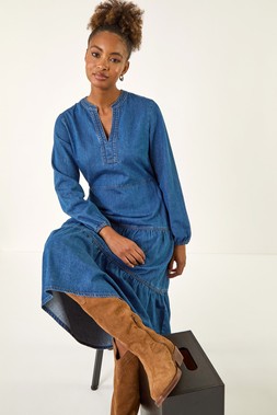 Roman Denim Cotton Denim Tiered Midi Dress
