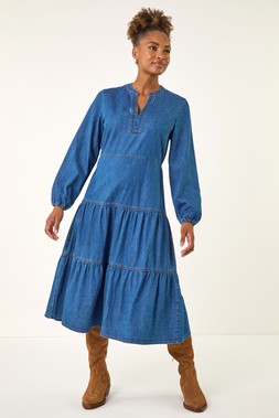 Roman Denim Cotton Denim Tiered Midi Dress