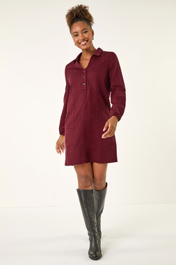 Roman Wine Collared Shift Shirt Dress
