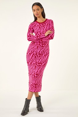 Roman Dusk Fuchsia Animal Print Knit Midi Dress