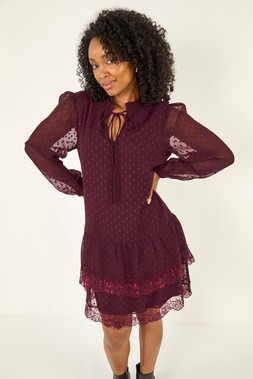 Roman Petite Wine Frill Tie Front Lace Dress