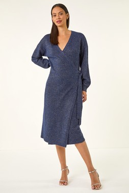 Roman Dusk Midnight Blue Shimmer Wrap Knit Dress