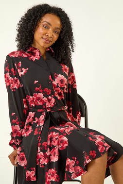 Roman Petite Red Floral Print Shirt Dress