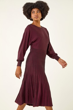 Roman Wine Shimmer Pleated Knit Midi Dress