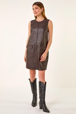 Roman Chocolate Faux Leather Pocket Detail Dress