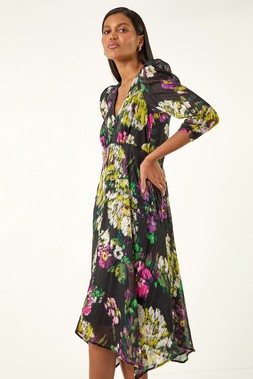 Roman Black Floral Print Chiffon Midi Dress
