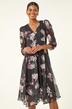 Roman Black Floral Print Hanky Hem Dress