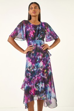 Roman Black Blurred Floral Frill Midi Dress
