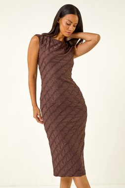 Roman Dusk Chocolate Textured Fitted Midi Dress