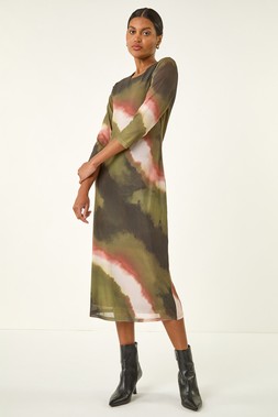 Roman Khaki Abstract Print Mesh Stretch Midi Dress
