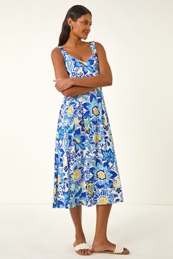 Roman Floral Print Strap Detail Midi Dress