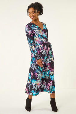 Roman Petite Navy Abstract Stretch Midi Dress