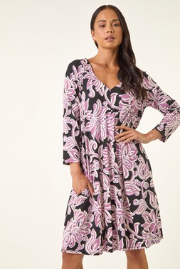Roman Petite Pink V-Neck Swing Dress