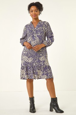 Roman Petite Grey Abstract Print Tiered Dress