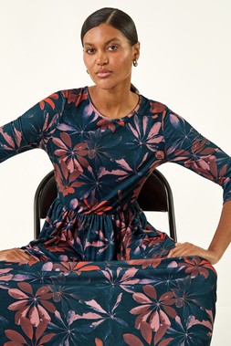 Roman Rose Floral Print Stretch Midi Dress
