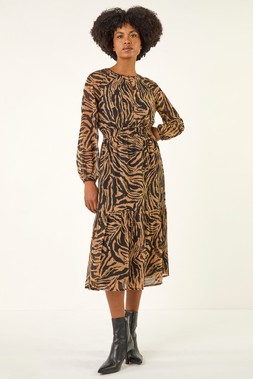 Roman Tan Zebra Print Keyhole Midi Dress