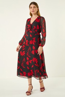 Roman Red Floral Frill Chiffon Midi Dress