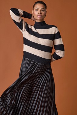 Romn Stripe Knit Bodice Pleated Skirt Dress