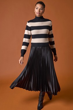 Romn Stripe Knit Bodice Pleated Skirt Dress
