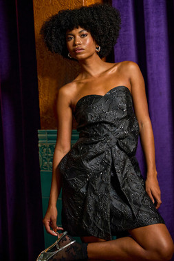 Roman Black Strapless Brocade Bow Dress