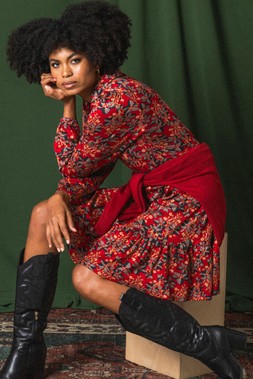 Roman Floral Print Button Stretch Dress