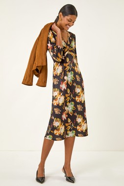 Roman Amber Floral Twist Front Midi Dress