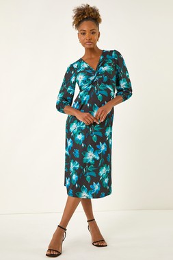 Roman Blue Floral Twist Front Midi Dress