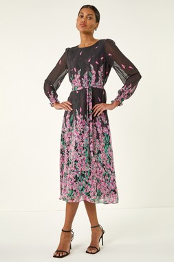 Roman Pink Floral Border Print Belted Midi Dress
