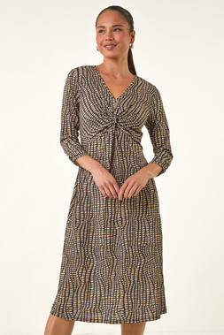 Roman Petite Mocha Abstract Twist Front Dress