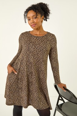 Roman Petite Brown Leopard A-Line Dress