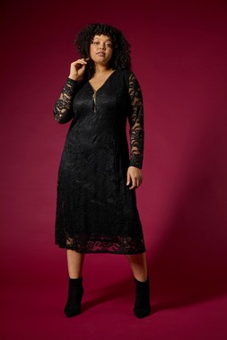 Roman Curve Black Zip Front Lace Dress
