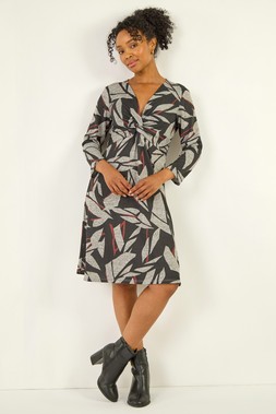 Roman Petite Black Floral Print Twist Front Dress