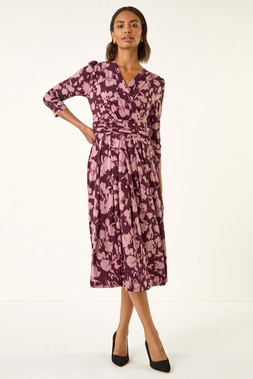 Roman Wine Abstract Floral Wrap Midi Dress