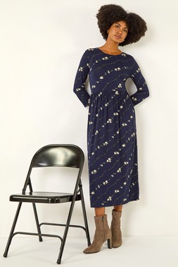 Roman Navy Floral Gathered Waist Midi Dress