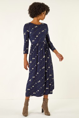 Roman Navy Floral Gathered Waist Midi Dress