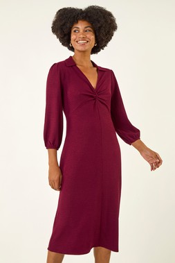 Roman Wine Textured Collared Twist Front Dress