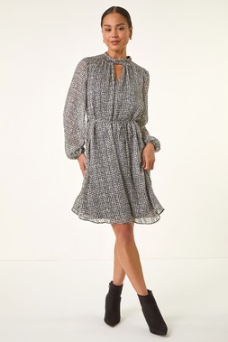 Roman Petite Black Geometric Keyhole Front Dress