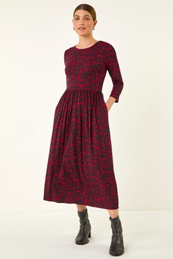 Wine Abstract Spot Stretch Midi Dress