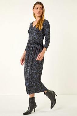 Dark Grey Floral Print Ruched Stretch Midi Dress