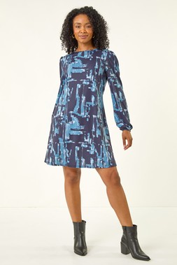 Roman Petite Blue Abstract Swing Dress