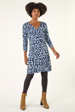 Roman Navy Geometric Gathered A-Line Dress