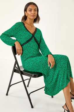 Roman Green Lace Front Midi Dress