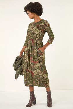Roman Khaki Paisley Print Stretch Midi Dress