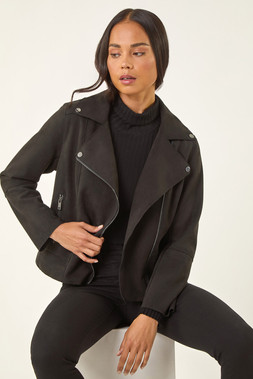 Roman Petite Black Faux Suede Biker Jacket