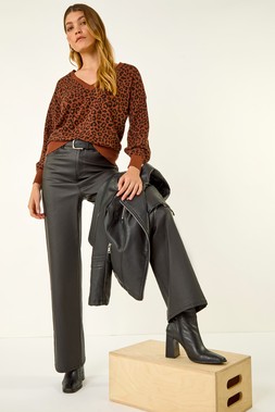 Roman Brown Animal Print V-Neck Boyfriend Jumper