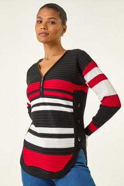 Roman Black Stripe Zip Front Ribbed Knit Jumper